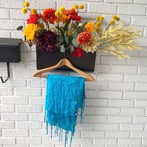 Blue Square Scarf With Gold Tassels & Beads One Size Fits All